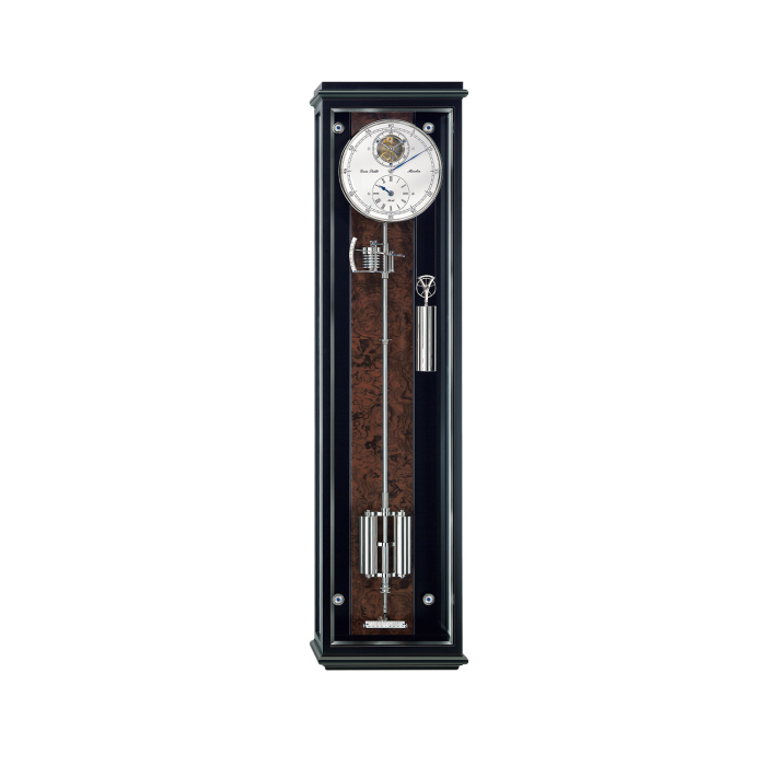 Präzisionspendeluhr Classica Secunda 1995 von Erwin Sattler mit Wurzelholzrückwand und schwarzem Gehäuse