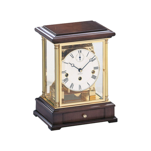 Kieninger Tischuhr 1266-23-02 im klassischen Design mit Holzgehäuse, goldfarbenen Säulen und verglaster Frontansicht