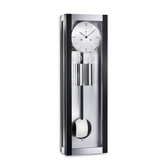 Kieninger Wanduhr 2175-96-02 im modernen schwarz-silbernen Gehäuse mit Pendel und Gewichten