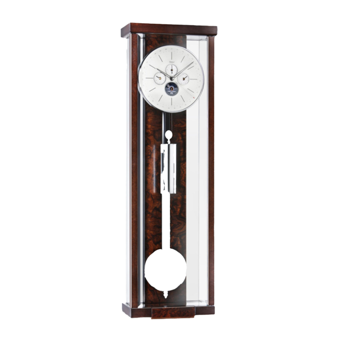 Design-Regulator Kieninger 2852-22-02, gefertigt aus Holz mit Glasfront und silbernem Zifferblatt.