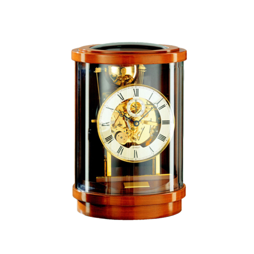 Kieninger Tischuhr 1711-41-01 „Akuata“ mit rundem Holzgehäuse in Nussbaum und Glas, sichtbares goldfarbenes Uhrwerk und römisches Zifferblatt