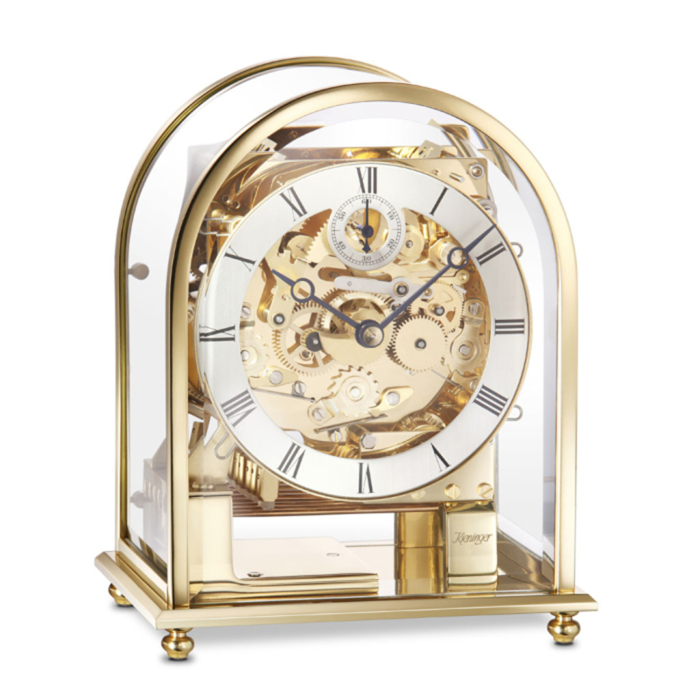 Kieninger Tischuhr 1226-01-04 mit skelettiertem Uhrwerk und römischen Ziffern in goldfarbenem Gehäuse