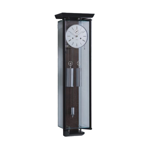 Kieninger Wanduhr 2548-96-01 mit schwarzem Holzgehäuse, Glasfront und sichtbaren Gewichten.