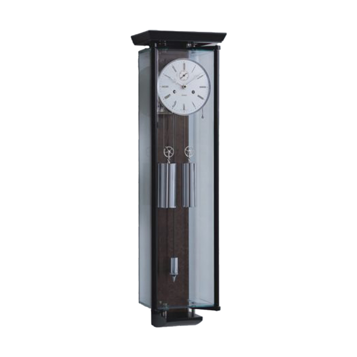 Kieninger Wanduhr 2548-96-01 mit schwarzem Holzgehäuse, Glasfront und sichtbaren Gewichten.