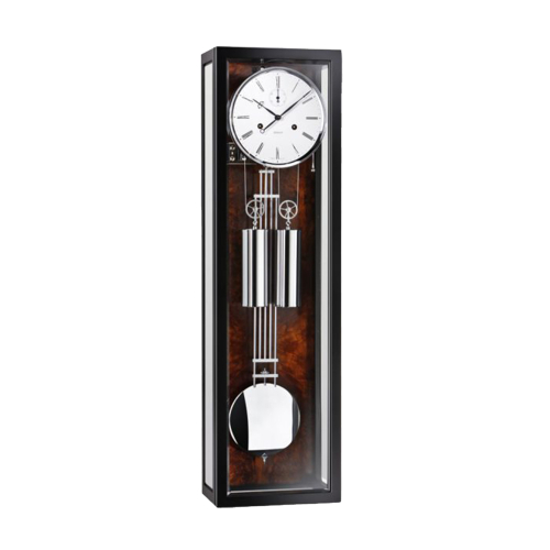 Frontalansicht der Kieninger Wanduhr 2518-92-02 mit polierten Gewichten und Pendel im Holzgehäuse