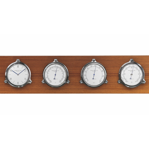Erwin Sattler Instrumententafel mit Uhr, Thermometer, Hygrometer und Barometer – stilvolle Messinstrumente auf edlem Holzpaneel für maritime Anwendungen