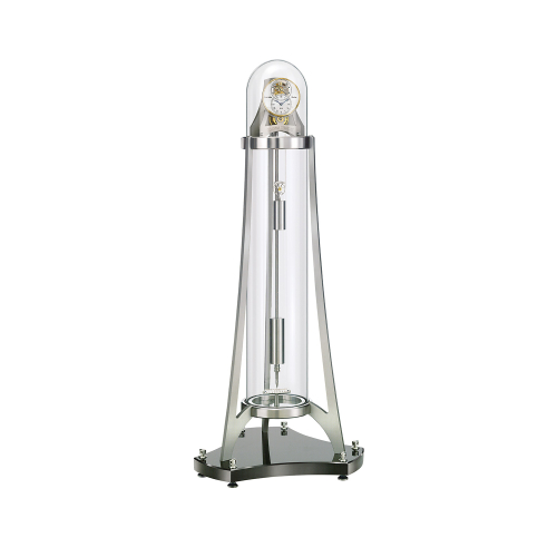 Seitliche Ansicht der Columna Temporis Standuhr mit transparenter Bauweise und mechanischem Uhrwerk