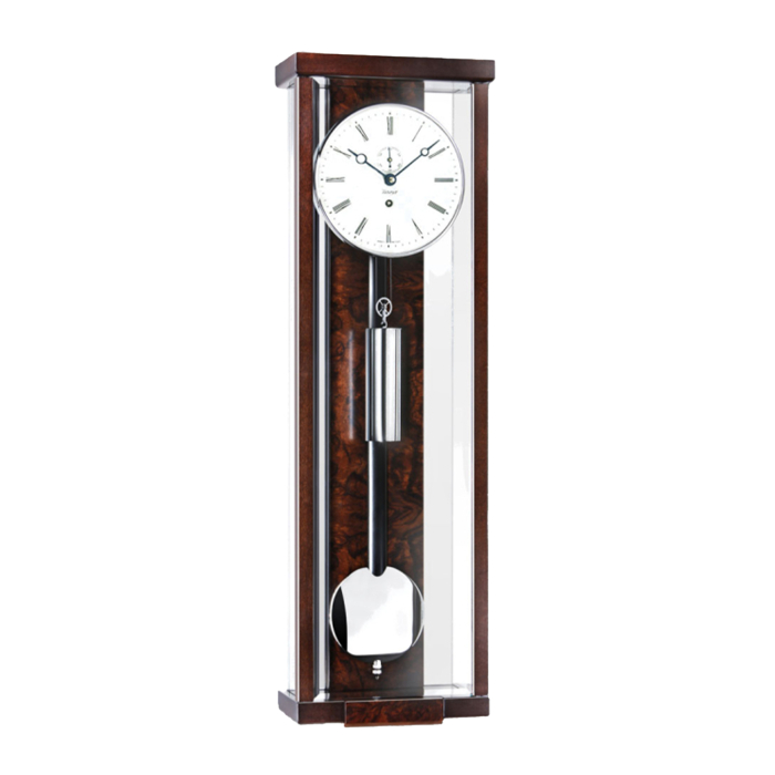 Kieninger Wanduhr 2852-22-01 – moderner Regulator mit verchromtem Pendel und Nussbaumwurzel-Gehäuse.