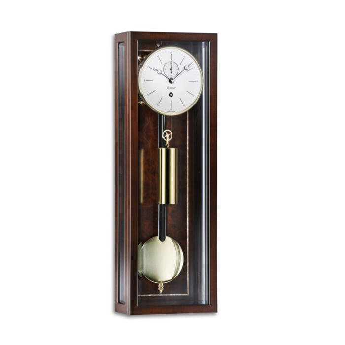 Kieninger Wanduhr 2806-22-02 mit Nussbaumgehäuse, vergoldetem Gewicht und Pendel hinter Glas