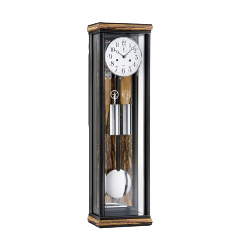 Kieninger Wanduhr 2549-57-01 mit verglastem Gehäuse, Pendel und zwei Gewichten in Nussbaumoptik.