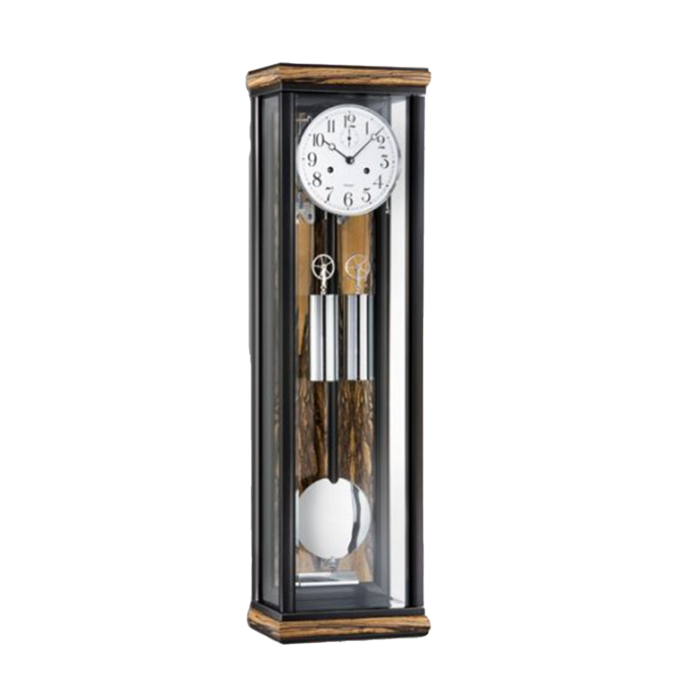 Kieninger Wanduhr 2549-57-01 mit verglastem Gehäuse, Pendel und zwei Gewichten in Nussbaumoptik.
