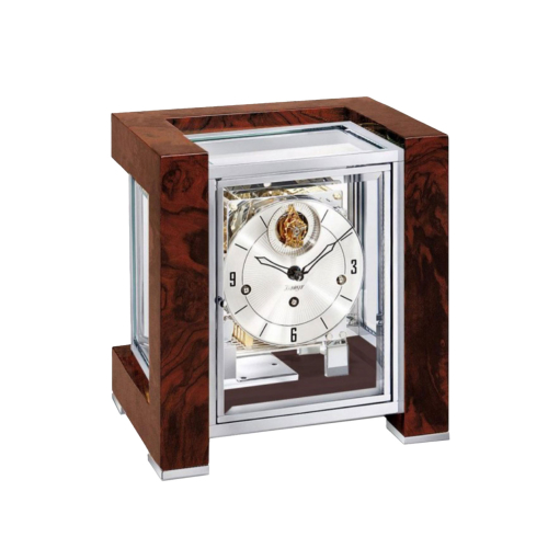 Kieninger Tischuhr 1266-82-04 mit edlem Wurzelholzgehäuse, verglastem Korpus und filigranem Zifferblatt mit sichtbarem Tourbillon.