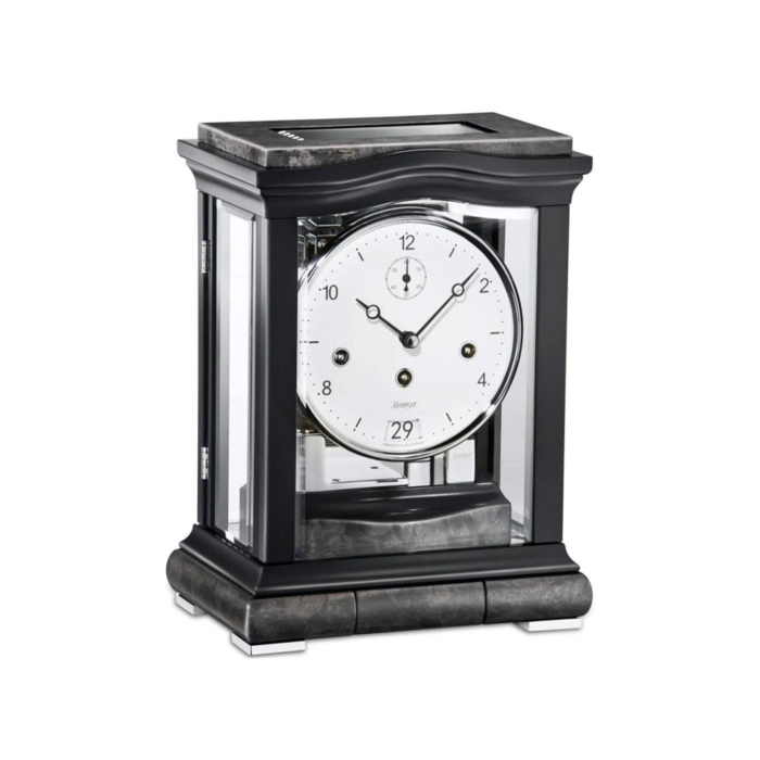 Kieninger Tischuhr 1293-96-01 „Aurora“ in Schwarz mit rechteckigem Gehäuse und Glasfront.