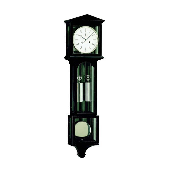 Kieninger Wanduhr 2520-96-02 im schwarzen Holzgehäuse mit vernickelten Gewichten und Pendel