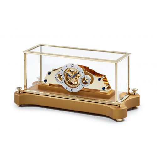 Matthias Näschke Tischuhr NT 5, vergoldetes Uhrwerk, goldfarbener Stinsockel