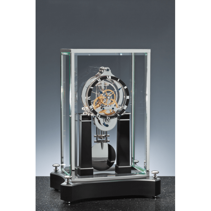 Mathias Näschke NT 6Tischuhr mit schwarzem Stein Sockel rhodiniertes Uhrwerk