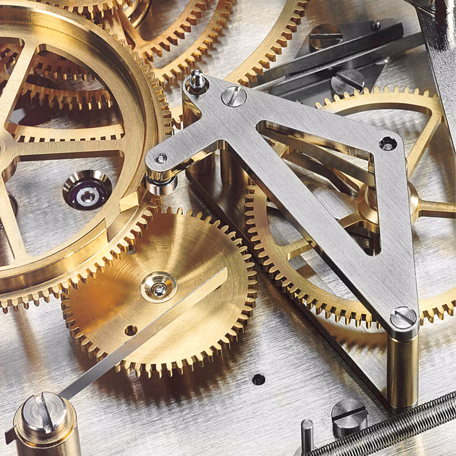 Close-up of the intricately crafted gears of the Opus Perpetual precision pendulum clock