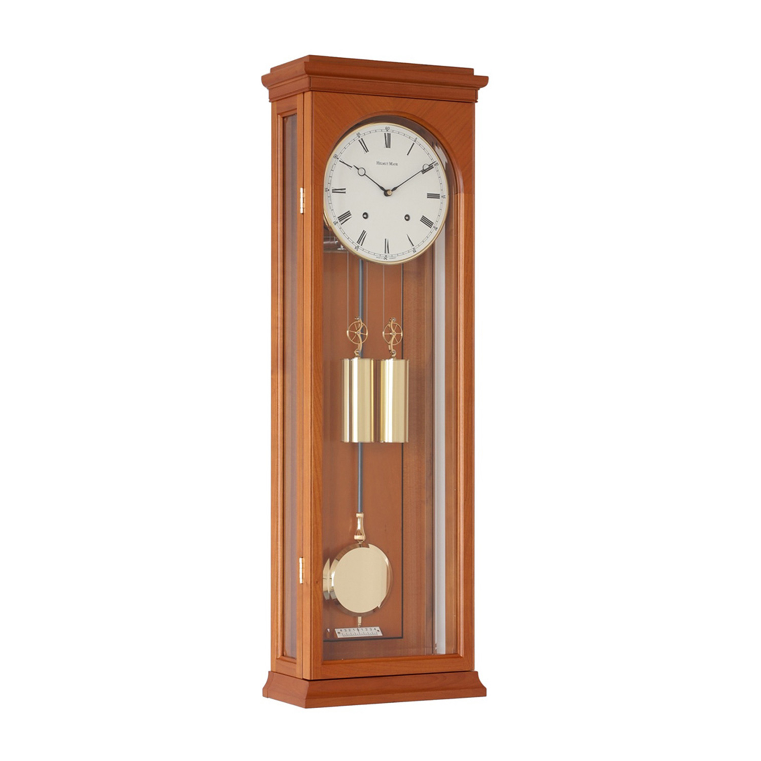 Helmut Mayr Regulator R1660 in Kirschbaumholz, exklusive Präzisions-Wanduhr mit goldenen Gewichten und Pendel, klassischer hochwertiger Regulator.