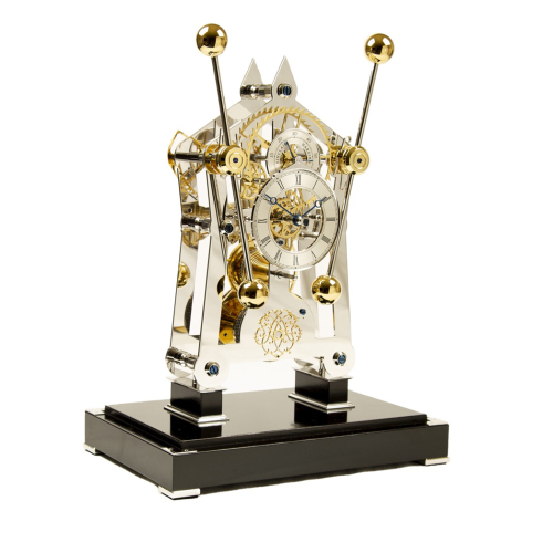 Sinclair Harding His Sea Clock Tischuhr – handgefertigte englische Skeleton Clock mit vergoldetem Uhrwerk auf schwarzem Sockel