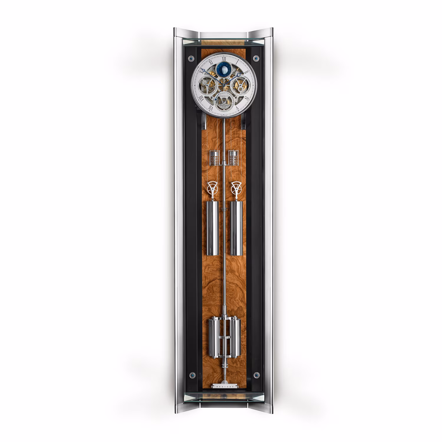 Opus Perpetual Precision Pendulum Clock with a dark olive back panel in a high-gloss case
