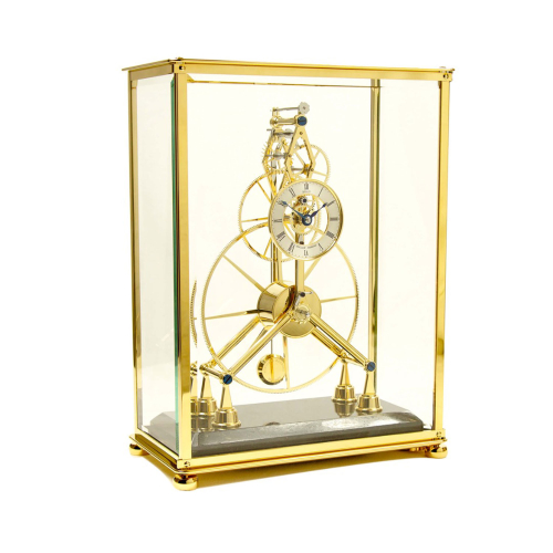 Sinclair Harding Great Wheel Skeleton Clock in Gold mit Glasgehäuse – elegante Präzisionsuhr