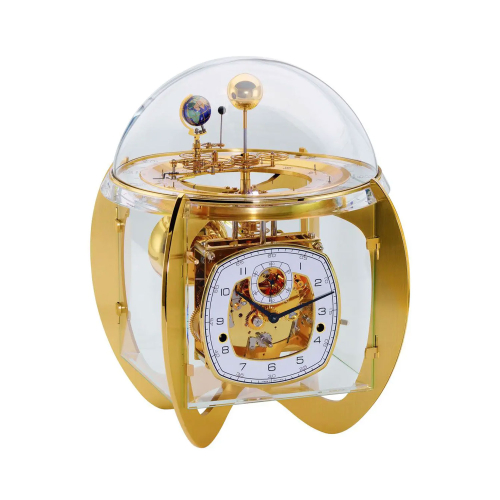 Hermle Tellurium IV Tischuhr in Messing mit Glaskuppel, astronomischem Tellurium-Modell und skelettiertem Präzisionsuhrwerk