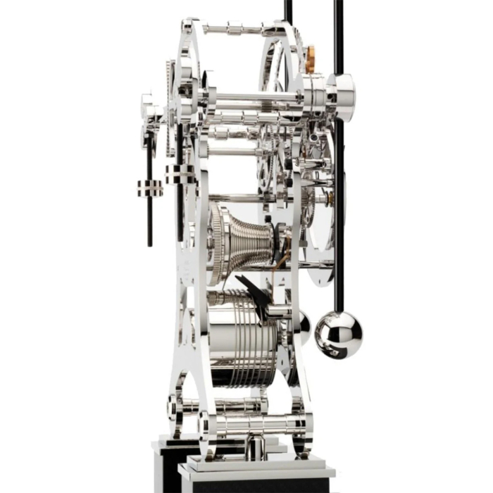 Seitliche Ansicht der Comitti The Navigator Rhodium Schwarz Uhr mit aufwendig gearbeiteten Mechanikteilen und Doppelpendel.