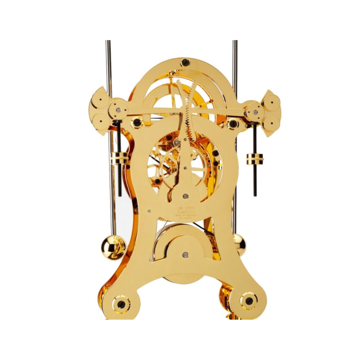 Rückansicht der Comitti The Navigator Gold Mahagoni mit präzisem vergoldeten Uhrwerk und Pendelmechanismus.