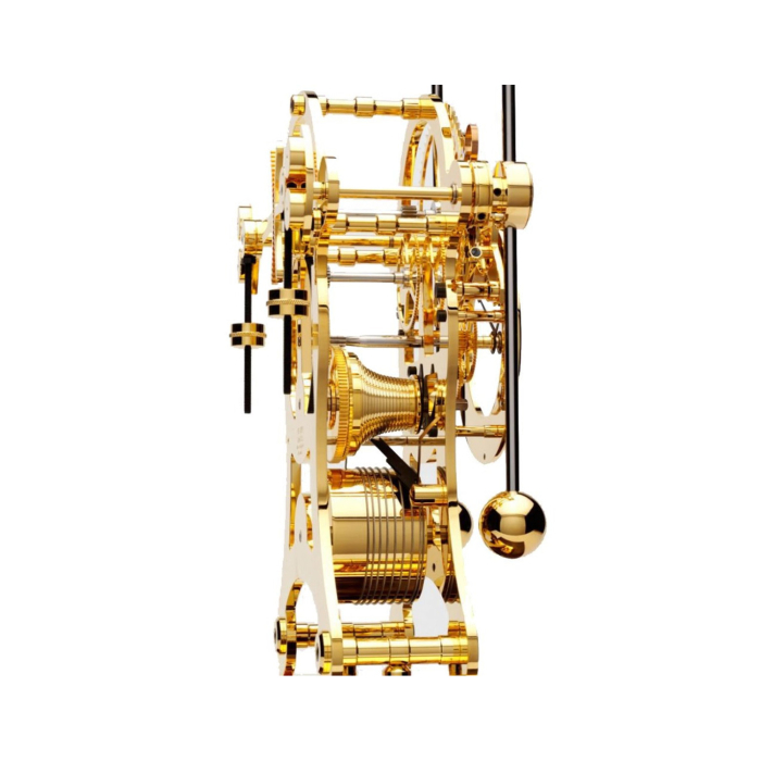 Seitliche Ansicht der Comitti The Navigator Gold Mahagoni mit fein gearbeiteten Zahnrädern und Doppelpendel.