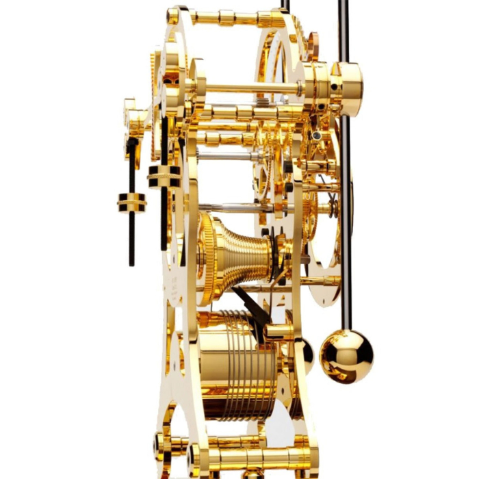Seitliche Ansicht der Comitti The Navigator Gold Nussbaum Uhr mit glänzend vergoldeten Mechanikteilen und Präzisionspendeln.