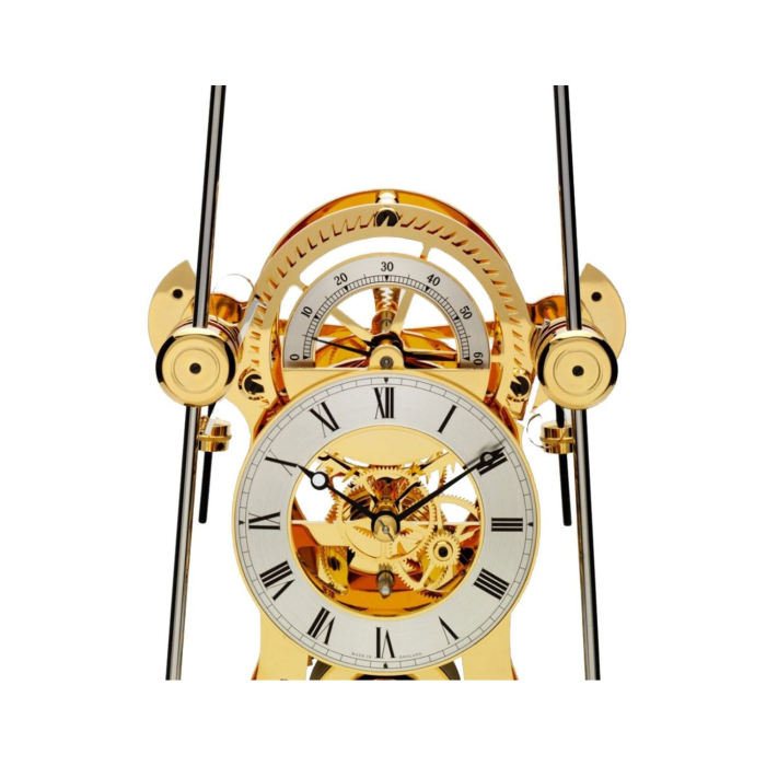 Frontansicht der Comitti The Navigator Gold Mahagoni mit vergoldetem Uhrwerk und klassischem römischen Zifferblatt.