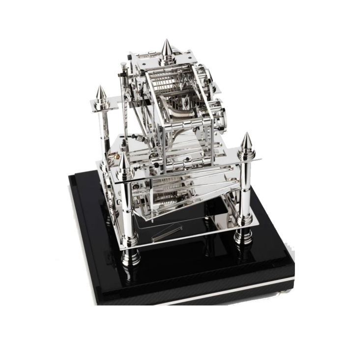 Seitliche Ansicht des komplexen Uhrwerks der Comitti The Congreve Rhodium mit sichtbarer Mechanik und Spindeln.