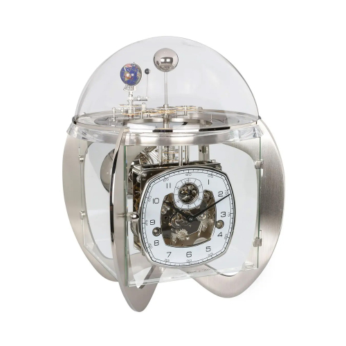Hermle Tellurium IV 23046-0003562 Tischuhr in Nickel mit Glaskuppel, mechanischem Uhrwerk und Tellurium-Anzeige.
