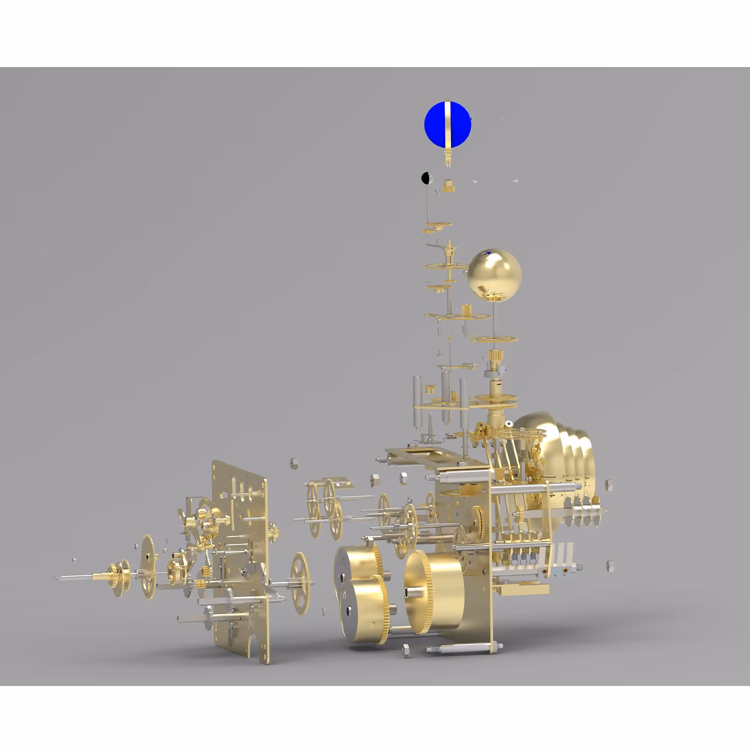 Exploded view of the mechanical movement of the Hermle Tellurium 22823, showing gears, axles, and Tellurium components.