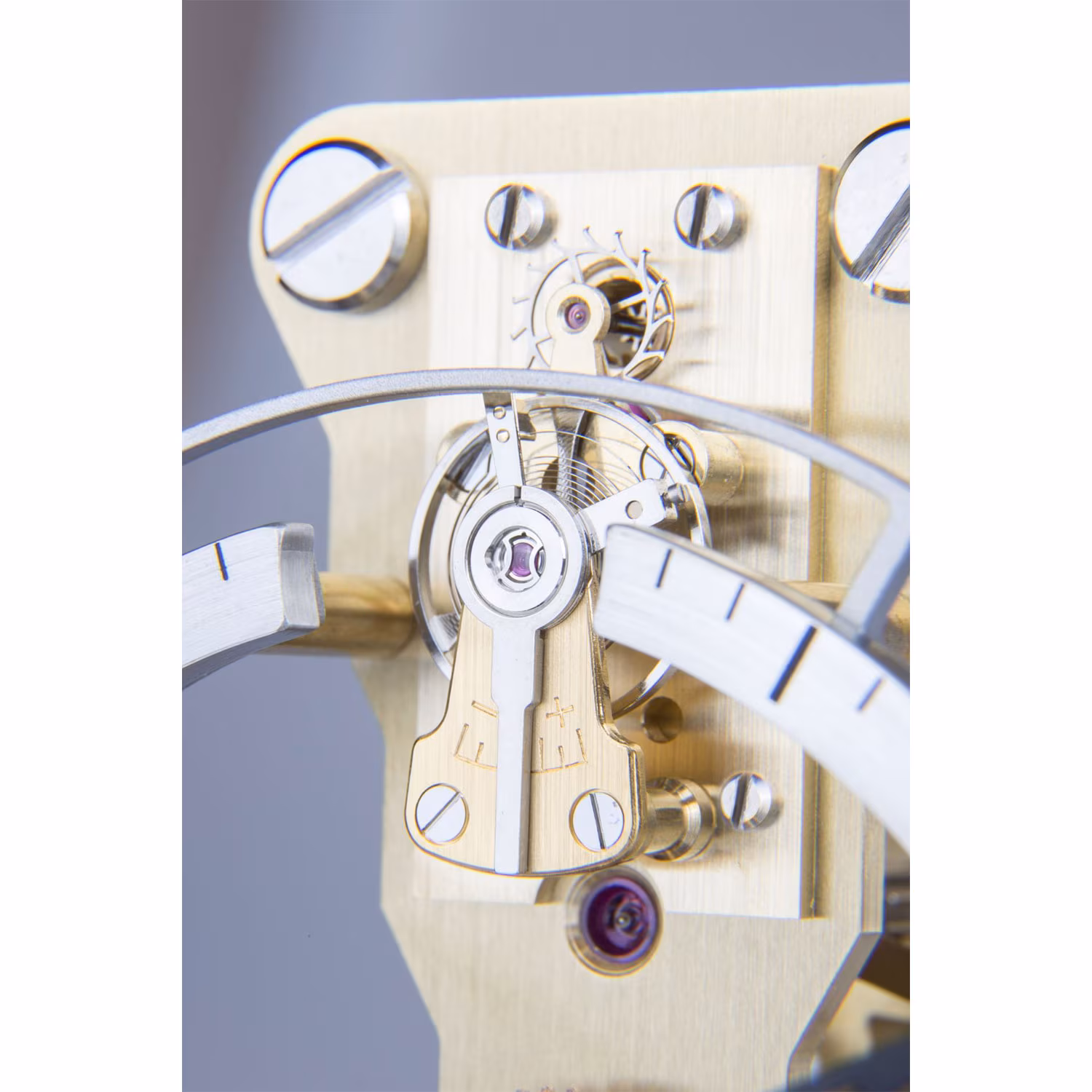 Close-up of the Swiss escapement and balance wheel in the Hermle Tellurium 22823 movement.