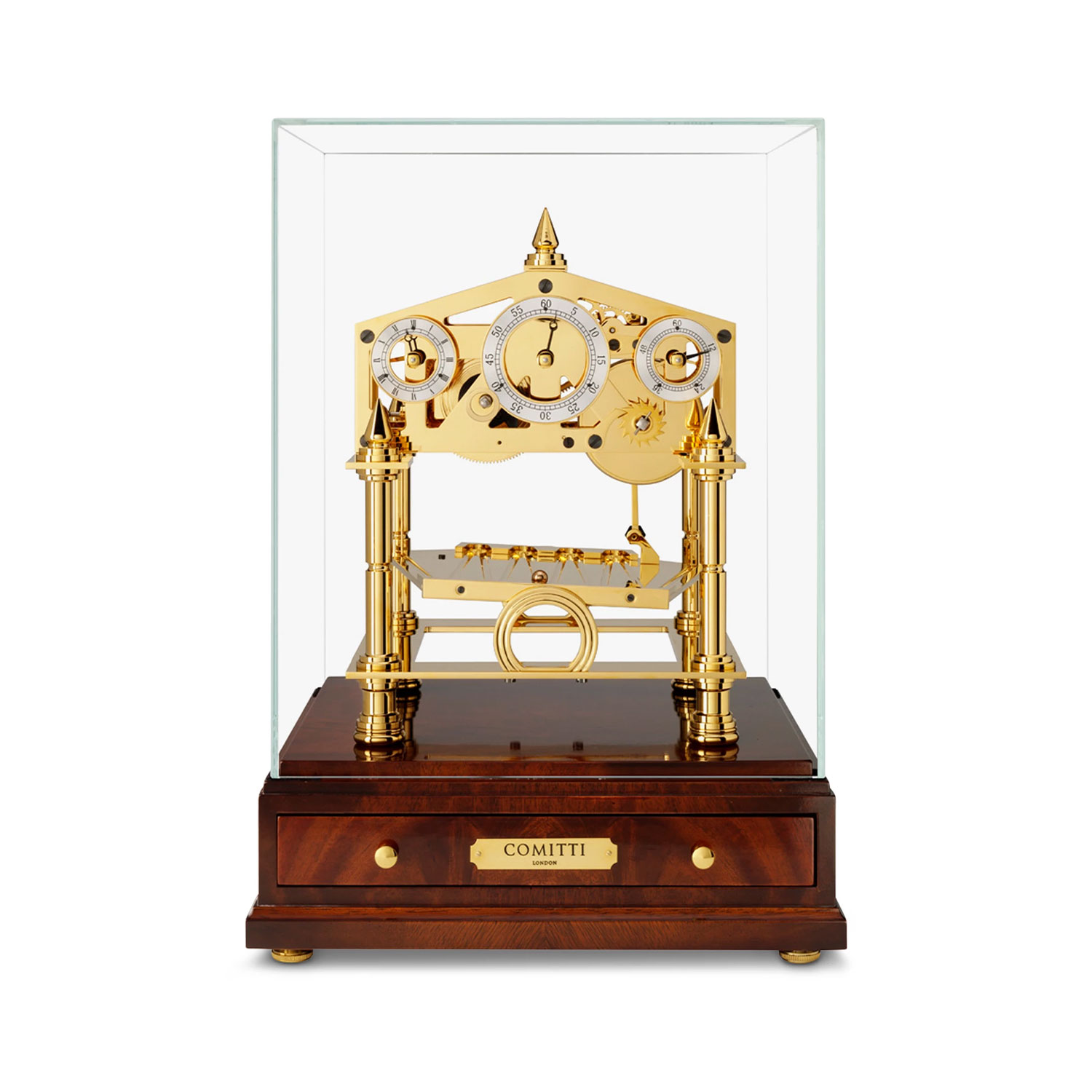 Comitti The Congreve Gold Tischuhr mit Glasgehäuse und massivem Mahagonisockel, britische Uhrmacherkunst.