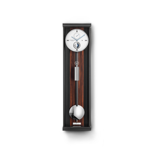 Erwin Sattler Wandpendeluhr Opus PMD 100 mit Makassar-Rückwand, sichtbarem Gewichtsantrieb und eleganter Mondphasenanzeige