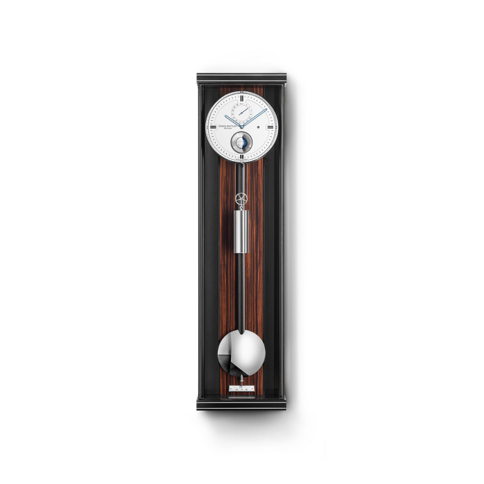 Erwin Sattler Wandpendeluhr Opus PMD 100 mit Makassar-Rückwand, sichtbarem Gewichtsantrieb und eleganter Mondphasenanzeige