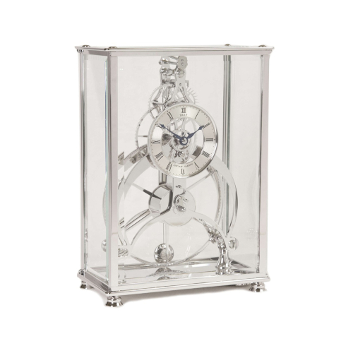 Sinclair Harding Tischuhr Rosemary in Rhodium – elegante Skelettuhr mit Glasgehäuse