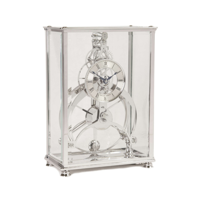 Sinclair Harding Tischuhr Rosemary in Rhodium – elegante Skelettuhr mit Glasgehäuse