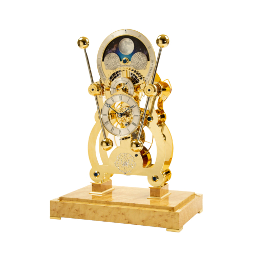 Sinclair Harding Moonphase Sea Clock in poliertem Gold-Finish auf Holzsockel – luxuriöse englische Tischuhr