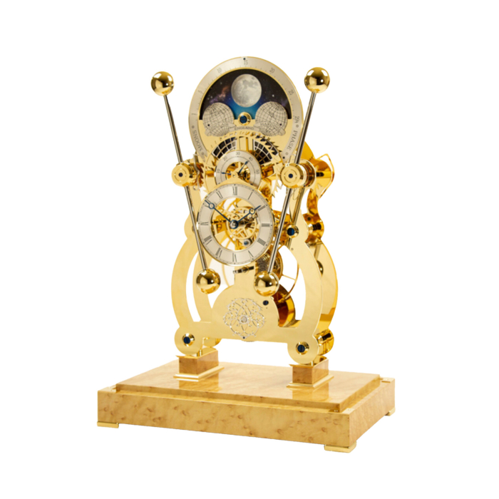 Sinclair Harding Moonphase Sea Clock in poliertem Gold-Finish auf Holzsockel – luxuriöse englische Tischuhr