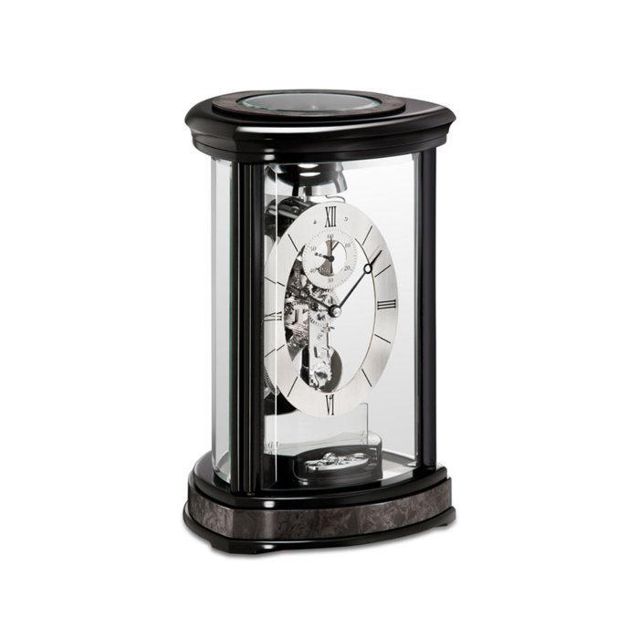 Elegante Kieninger Tischuhr 1289-96-01 „Trigon“ in schwarz mit Glasgehäuse und sichtbarem Uhrwerk