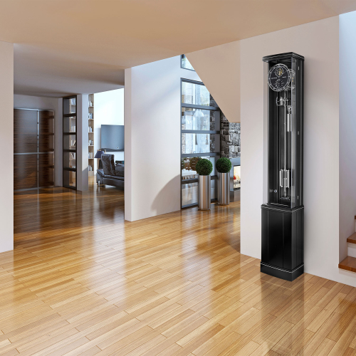 tanduhr Illumina Secunda Carbon von Erwin Sattler in modernem Wohnraum, wandbündig aufgestellt und in Szene gesetzt.