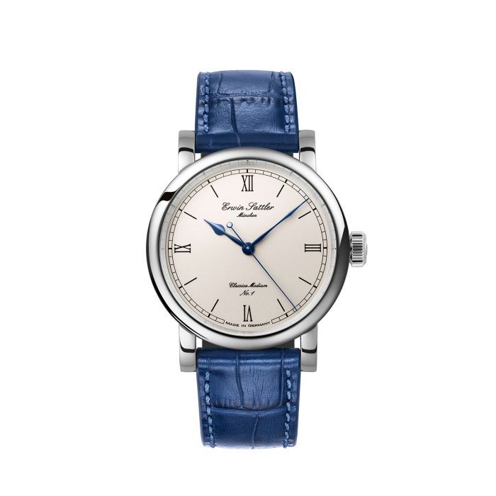 Armbanduhr Classica Medium von Erwin Sattler mit blauem Alligatorlederband