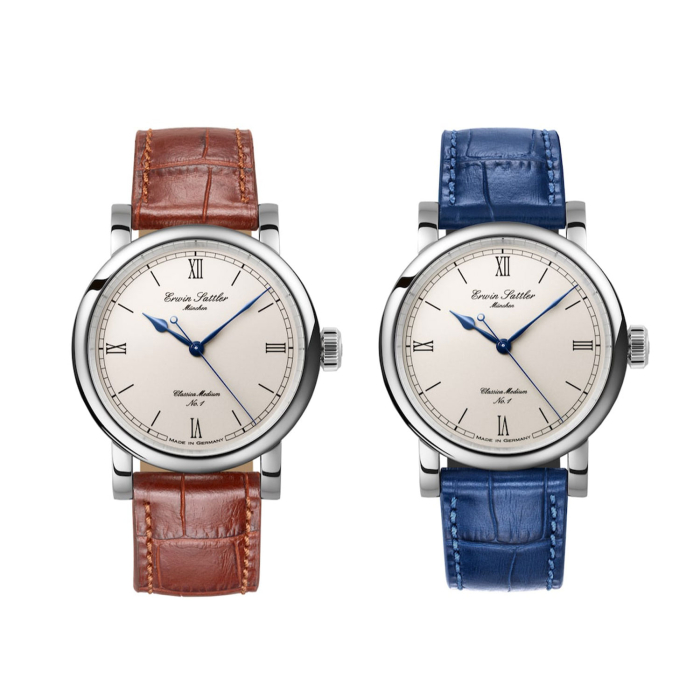 Zwei Varianten der Erwin Sattler Classica Medium – braunes und blaues Armband