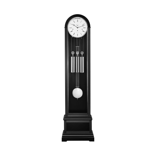 Hermle Standuhr 01089-740461 in Schwarz mit weißem Zifferblatt, polierten Gewichten und modernem Pendel.