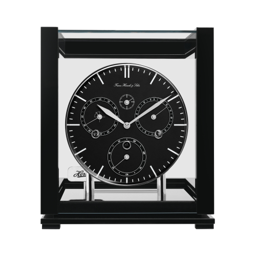 Hermle Ewiger Kalender 23058-740352 Frontansicht des schwarzen Zifferblatts