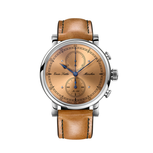 Erwin Sattler Chronograph mit kupferfarbenem Zifferblatt und hellbraunem Lederarmband in Frontansicht