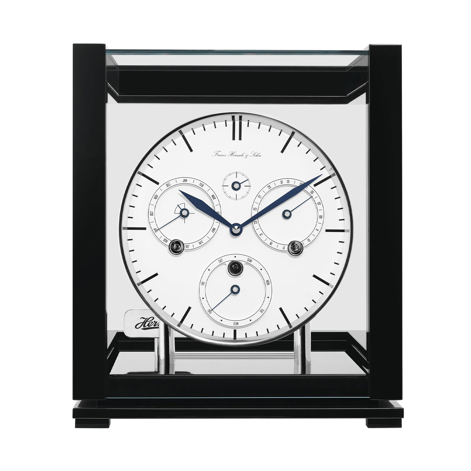 Hermle Tischuhr Ewiger Kalender 23059-740352 mit schwarzem Glasgehäuse und weißem Zifferblatt